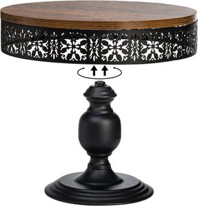 Rustic Burnt Wood and Black Metal Cake Stand Scrollwork Design with Oven-Safe Care Instructions Wooden Dessert Shelf Riser - Product Image 5
