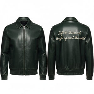 Veste d'hiver en cuir véritable premium 2026, vert foncé, coupe ajustée, style bomber, col mandarin, logo frontal, respirante - Product Image 3