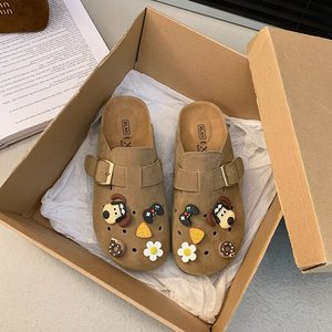 Closed-Toe Mid-Heel (3-5cm) Rubber for <b>Slippers</b> with Cow Suede (Matte <b>Leather</b>) Light and Soft EVA Insole for Summer and Winter - Product Image 1