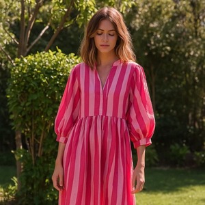 Tay khối in kyra Midi ăn mặc Bohemian bông phụ nữ chuỗi gần hơn ăn mặc mới sọc in Midi - Product Image 3