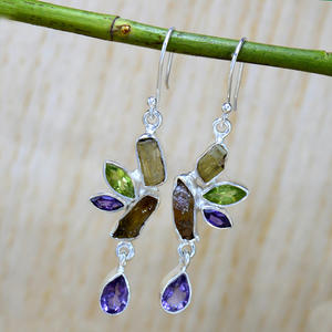 Pendientes de Plata de Ley 925 con Turmalina en Bruto y Piedras Preciosas de Varias Formas, Joyería de Plata al por Mayor - Product Image 2