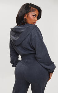 Vente en gros Charbon de bois personnalisé Goutte d'épaule femmes lavé Cargo sweat à capuche court anti-rides et respirant sweats à capuche femmes sweat à capuche zippé - Product Image 5