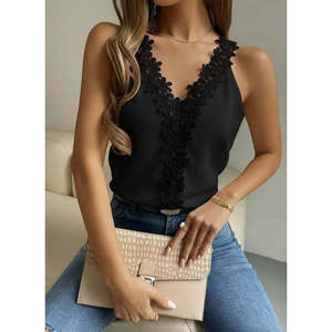 Blusa de Mujer con Tirantes y Cuello en V con Detalle de Encaje Floral, Blusa Sandy, 37663 - Negro - Product Image 1