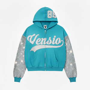 Vente chaude personnalisé français éponge épais coupe ample fermeture éclair à capuche brodé haute Streetwear manches strass 100% coton - Product Image 1