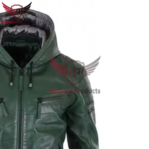 Blouson Homme en Cuir Véritable Vert avec Capuche, Rayures Noires Style Racing, en Cuir de Vachette, Bordure en Tricot Côtelé, Classique et Personnalisé, Chaud pour l'Hiver - Product Image 5
