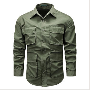 Haute qualité hommes décontracté Cargo chemises manches longues respirant tricoté tissu ODM approvisionnement automne saison plaine teint en gros - Product Image 1