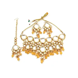 Ensemble de bijoux fins de luxe indiens pour femmes, collier en acier inoxydable jaune, boucles d'oreilles, maang tikka avec placage or pour les mariages - Product Image 4