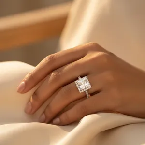 Anillo de compromiso con diamante corte princesa, chapado en oro sólido de 18K, engaste pavé, geométrico clásico, joyería fina para mujer - Product Image 3