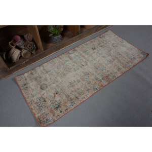 Tapis turc vintage 2.3x5ft, tapis en laine tissé plat beige et bleu avec support en latex pour les décorations de salon - Product Image 5