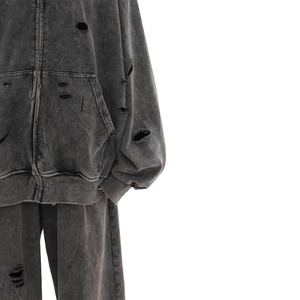 Conjunto Deportivo Personalizado para Hombre, Estilo Urbano, Lavado Ácido, Desgastado, 100% Algodón, Sudadera con Capucha y Cremallera, Pantalones Acampanados, Traje Deportivo Estampado para Invierno - Product Image 3