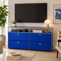 Meuble TV modulaire, console multimédia, buffet, armoire, cadre en acier chromé, bleu cobalt, couleur personnalisée