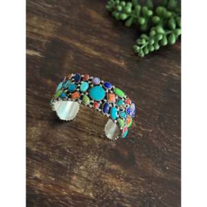 Vintage Navajo Multi-Stone & Sterling <b>Silver</b> Cluster <b>Cuff</b> <b>Bracelet</b> Fashion Jewelry - Product Image 3
