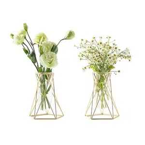 Jarrón de Flores Decorativo de Metal Resistente con Tubo de Vidrio y Acabado Dorado para Mesa de Salón, Maceta Decorativa para el Hogar - Product Image 6