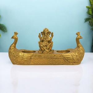 Statue de Ganesh Ji en polyrésine, poussière de marbre, faite à la main, peinte à la main, paon doré, porte-bougie tealight, décoration d'intérieur, cadeau intelligent - Product Image 2