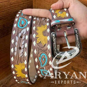 Venta al por mayor de marca de lujo personalizada a mano cinturón occidental de cuero y hebilla personalizada cinturón de vaquero marrón cinturones de cuero de grano completo - Product Image 1