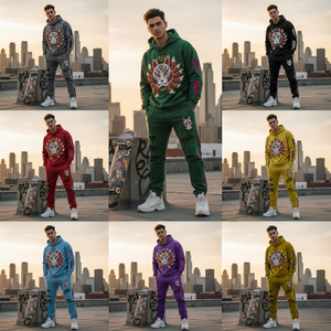 Chándal con capucha de algodón grueso y felpa, con lavado ácido, bordado 3D personalizado, con cuentas, efecto desgastado y estilo vintage, en tendencia - Product Image 1