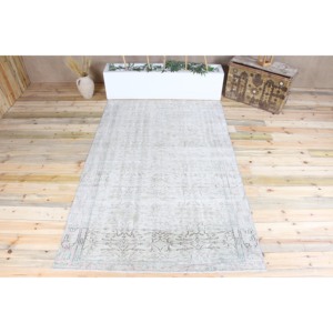 Tapis vintage turc écologique avec envers en latex et franges, 5,2x8 pieds, vert, grand tapis en laine patchwork - Product Image 1