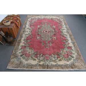 พรมวินเทจตุรกี ขนาด 7x10.2 ฟุต (214x312 ซม.) พรมลายทางสีแดง - Product Image 1