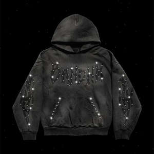 Survêtement pour homme en coton 100% personnalisé OEM, respirant, vintage, délavé à l'acide, patchwork, streetwear, jogging, survêtement, sweat à capuche avec strass - Product Image 2