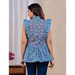 Blue Jaal Bohemian Floral Print <b>Top</b> for Women Embroidery Lace Decorated Long Cotton Poplin Knitted <b>Top</b> XL 4XL for Office Wear - Product Image 6