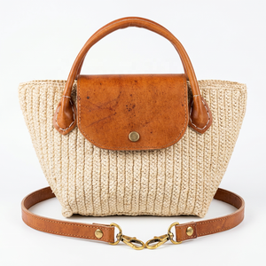 Sac à bandoulière bohème en raphia pour femme avec fermeture à rabat en cuir, sac à main portable d'été, couleur unie beige - Product Image 2