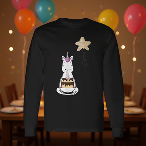 T-shirt à manches longues pour fête d'anniversaire sur le thème de la licorne, design inspiré du gâteau au chocolat, promotionnel, pour les célébrations d'anniversaire - Product Image 3