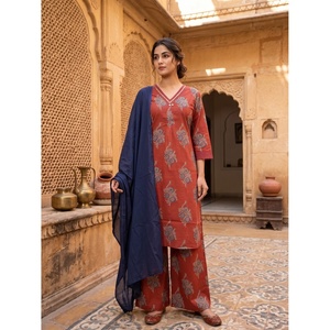 Conjunto de Pantalones Palazzo de Algodón Color Granate Rama's High Street para Mujer, con Dupatta, Blusa Estampada de Manga Larga, Transpirable, Corte Regular para Verano, MP-1888-A - Product Image 1