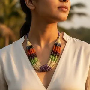 Collar de cuentas multicapa, cuentas coloridas de color morado, naranja, verde y amarillo, joyería de moda unisex - Product Image 2