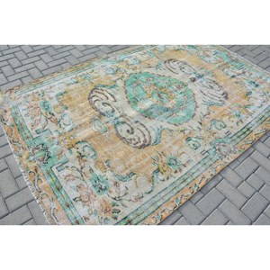 Classic Vintage Turkish Rug 5.5 X 8.3ft Handmade Blue <b>Yellow</b> Patchwork Design for Living Room New <b>Wool</b> with Latex Backing - Product Image 2