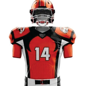 Uniforme de fútbol para hombre personalizado naranja blanco y negro Conjunto de jersey y pantalones de fútbol americano, Sarga de aparejos sublimados - Product Image 2