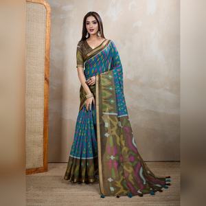 Sari indien prêt-à-porter pour femmes, bleu sarcelle olive, en tissu chanderi, best-seller, pour les fêtes, avec pièce de blouse non cousue - Product Image 1
