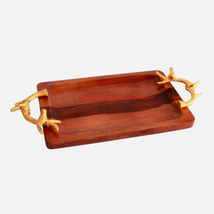 ถาดเสิร์ฟไม้โบราณพร้อมด้ามจับลายดอกไม้ถาดไม้หรูหราทำด้วยมือ - Product Image 3