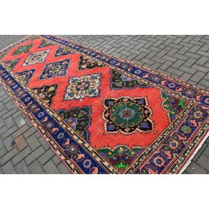 4.8x13 ft Vintage <b>Runner</b> Rug, <b>Red</b> Blue Turkish Persian Wool Rug - Product Image 4