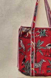 Thevintageartcraft Handmade Lightweight Red Cotton <b>Tote</b> <b>Bag</b> Women Eco-Friendly Vintage Jungle <b>Printed</b> <b>Leopard</b> Quilted Zipper - Product Image 2