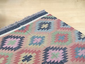 Alfombra de área de tejido plano con patrón geométrico, rectangular, estilo bohemio, de lana y acrílico, reversible, para sala de estar, con reverso de yute de pelo fino - Product Image 3