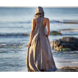 Robe longue maxi en lin bohème écologique pour femmes, à manches longues, col en V, avec des ceintures, teinte unie, taille naturelle, cache-maillot de plage, kaftan - Product Image 3