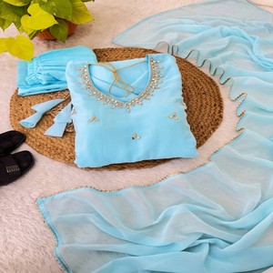 Vestido bordado Heavy Fox Georgette con espejo real y manga completa Kasab Jari Work con Dupatta y parte inferior - Product Image 4