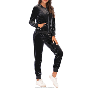 Conjunto de ropa deportiva Vintage de Color sólido para mujer, conjunto de pantalones y Sudadera con capucha informal con decoración de encaje, conjuntos de terciopelo para correr con cremallera - Product Image 1