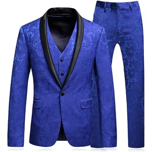 Venta caliente último diseñador impreso traje azul real nuevo traje de padrinos de boda 3 piezas traje de graduación trajes de moda para hombres cuello mandarín