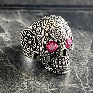 Handmade Mexican Gothic Style <b>Silver</b> Flower Roses Skull Jewelry Biker Engraved <b>Ring</b> Floral Gothic <b>Set</b> Gift for Bikers - Product Image 1