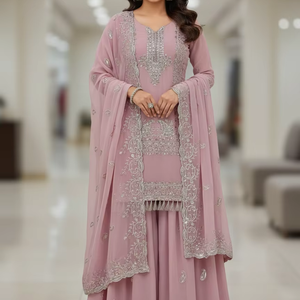 Ensemble Sharara de Luxe Rose Poudré en Georgette Brodé Respirant avec Dupatta – Tenue de Cérémonie de Luxe - Product Image 1