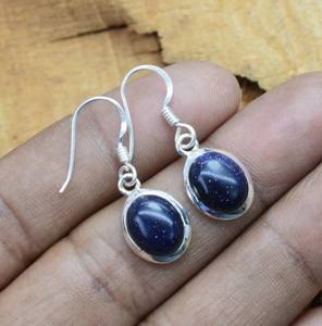925 Sterling Silver Dangle Drop Earrings with Blue <b>Sandstone</b> Bezel Set Stylish Fashionable Pair of Drop Earrings - Product Image 1