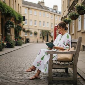 Robe midi à imprimé à la main, robe en coton bohème à fleurs, style d'été confortable pour femmes - Product Image 3