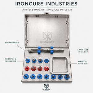 IRONCURE INDUSTRIES Kit de 16 forets chirurgicaux pour implants dentaires 2.0-5.2mm, embouts hexagonaux, broches parallèles, clé à cliquet, mallette métallique - Product Image 2