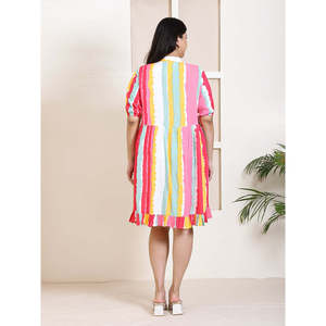 Deebaco Robe décontractée rayée multicolore pour femme, grande taille, avec col mandarin et volants, style vacances d'été, longueur mini - Product Image 4