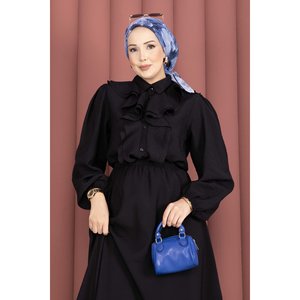Conjunto de Dos Piezas con Detalle de Volantes, Falda de Crepé y Top de Punto, Estilo Club, para Otoño, Negro, Corte Ajustado - Product Image 2