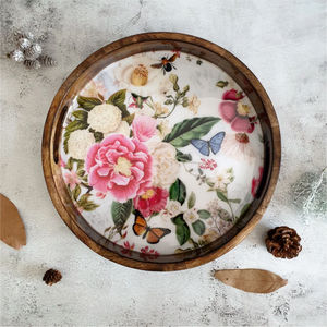Plateau de service imprimé floral en bois avec poignée coupe émail de forme ronde coting plateau de service aspect brillant - Product Image 4