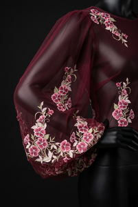 Tela de Tul Ligero con Bordado de Flor de Pansy Borgoña, Tejido de Punto, Encaje Floral con Diseño de Espiral para Vestidos de Novia - Product Image 2