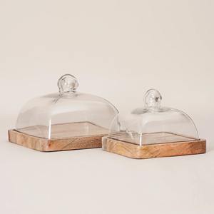 Handmade Non-Toxic Non-Stick <b>Glass</b> <b>Cloche</b> Wooden Base Square Cake Dome Reusable Food Display Cover Hand Wash Only Cheese Platter - Product Image 1
