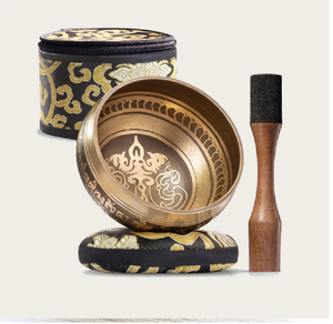 Cuenco negro Om Mani Padme Hum, cojín azul, martillo, para meditación profunda, disponible a precios de mayoreo. - Product Image 6